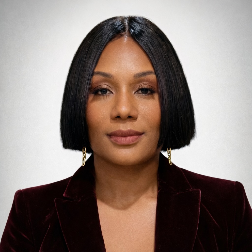 Portrait of Dr Chioma Agha-Ayorinde in an oxblood jacket